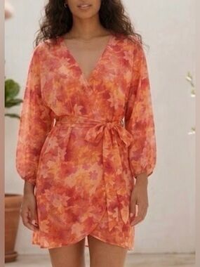 l*space Orange Pink Floral Wrap Mini Dress